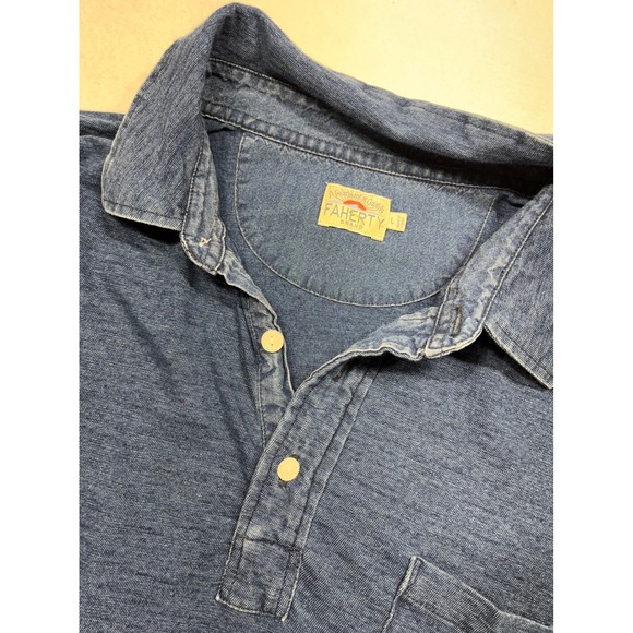 FAHERTY Mens Chambray Short Sleeve Button Up Pocket Polo Shirt Blue L - Picture 3 of 5